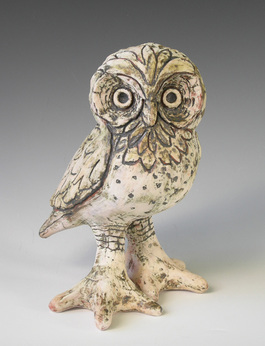 MaryLynn Schumacher clay sculpture of free standing owl.