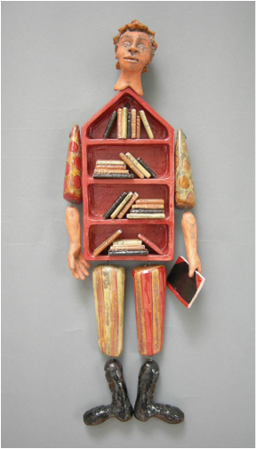 Large hanging storyteller by artist mlschumacher assembled of individually sculpted terracotta elements. 